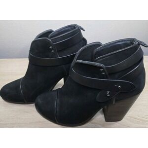 Rag & Bone Harrow Black Suede Ankle Boots Wrap Strap Pushpin Heel Booties Size 6